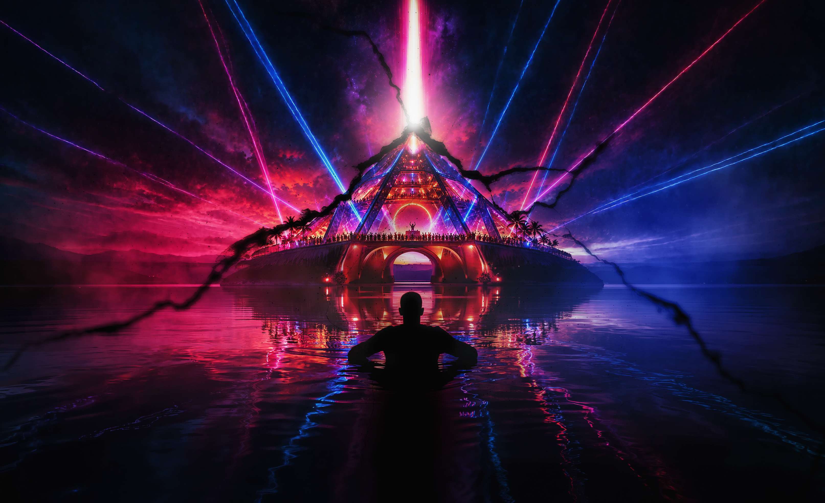 Escape. Dance. Move. album cover: a silhouette in water facing a glowing pyramid stage beneath pink and blue lasers