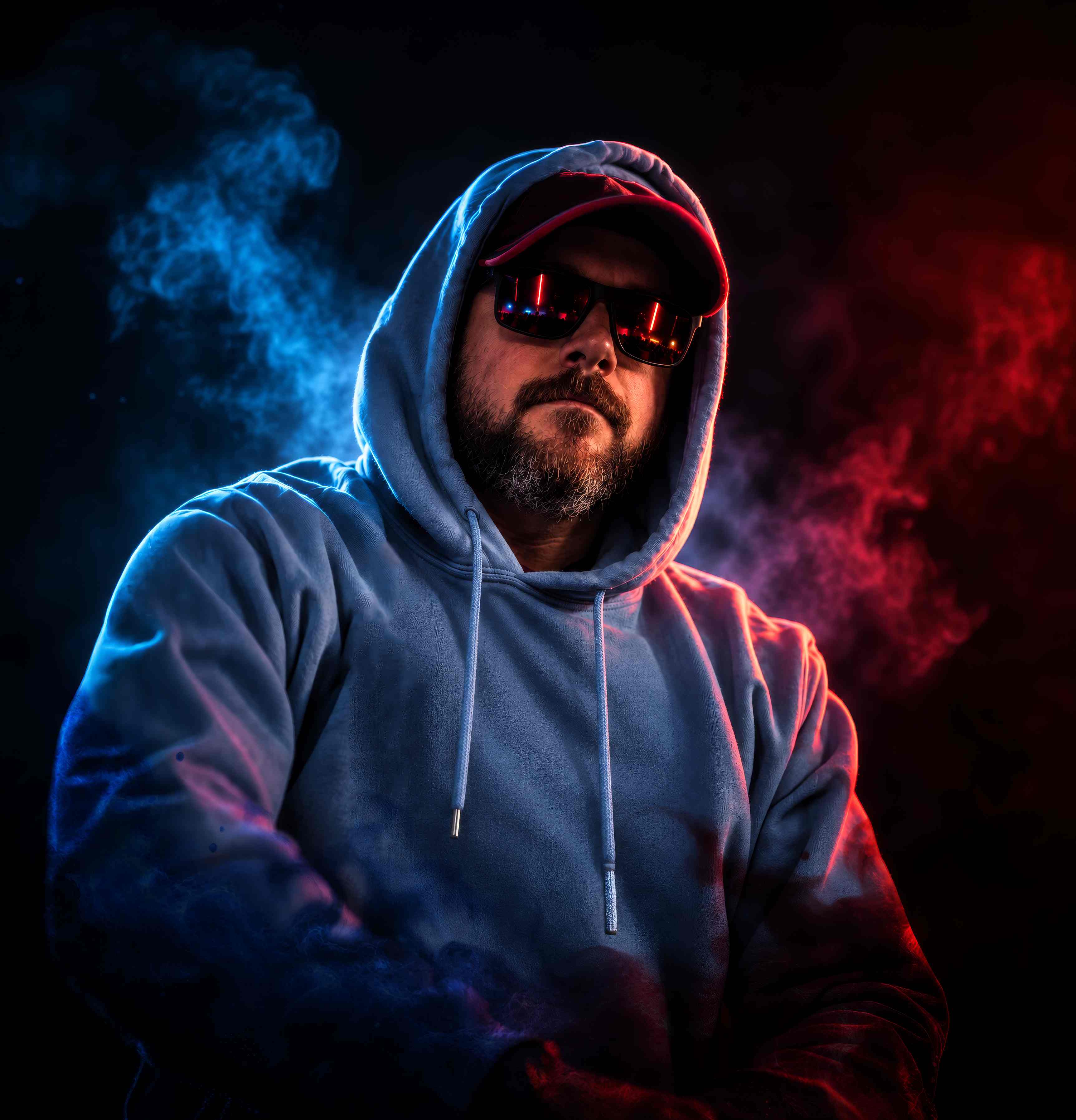 Petey Lownotes in a hoodie, cap, and sunglasses, lit by blue and red smoke