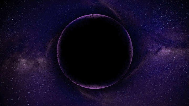 An animation of a black hole in space. Purples and blues swirl around as the black hole swallows particles.